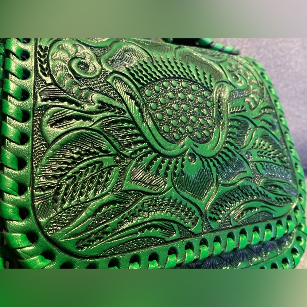 handmade genuine leather Luxury Shoulder Straps Tooled Handbag Green Purse - Picture 3 of 13